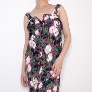 Vintage 80s Hot Pink and Green Floral Print Summer Midi Dress by D'allaird's